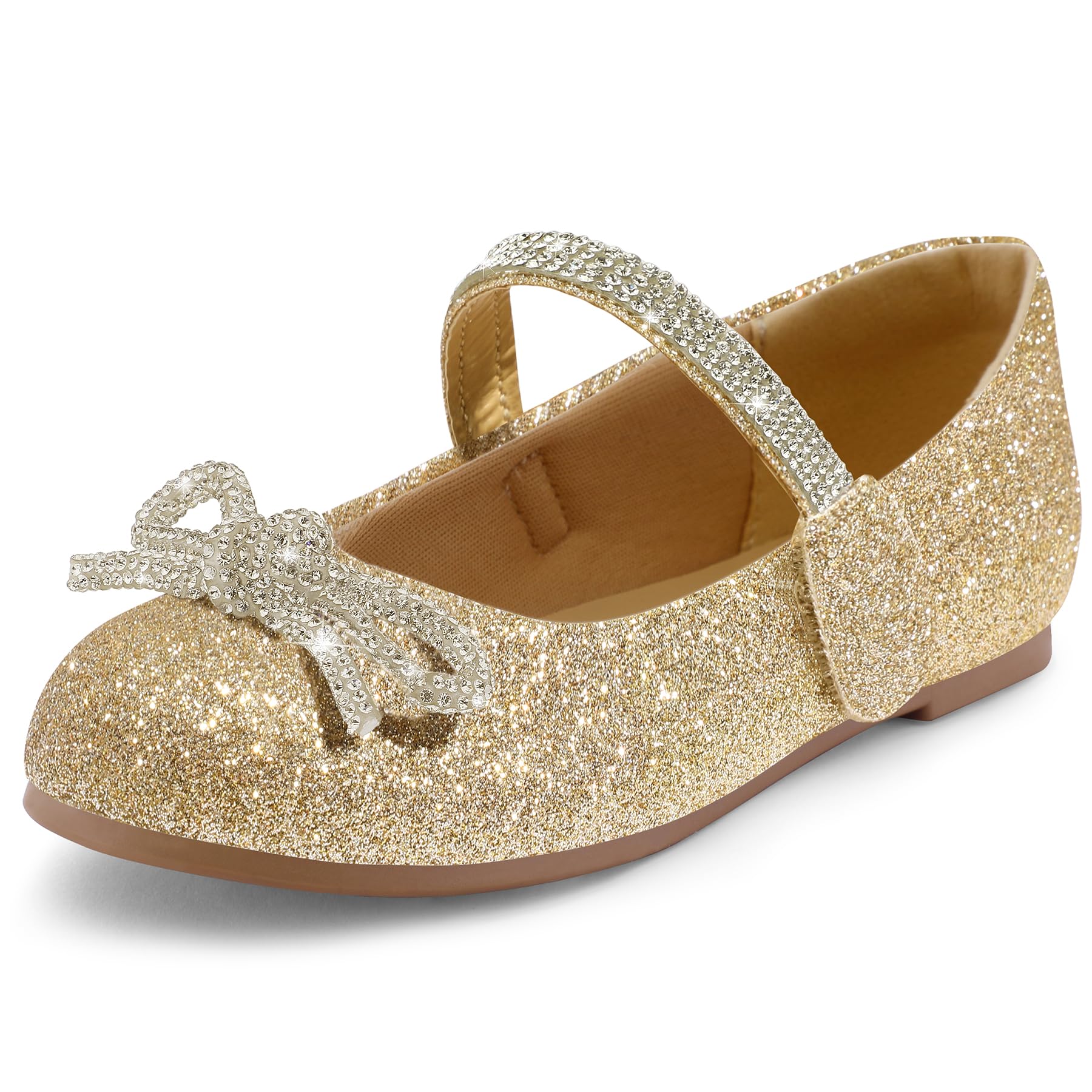 Photo 1 of ***(HEAVILY USED/ MINOR DAMAGE)***K KomForme Girl's Bow Mary Jane Dress Shoes Ballet Princess Flats with Rhinestone Strap for Party Wedding School, Toddler/Little Kid/Big Kid Gold Glitter 12