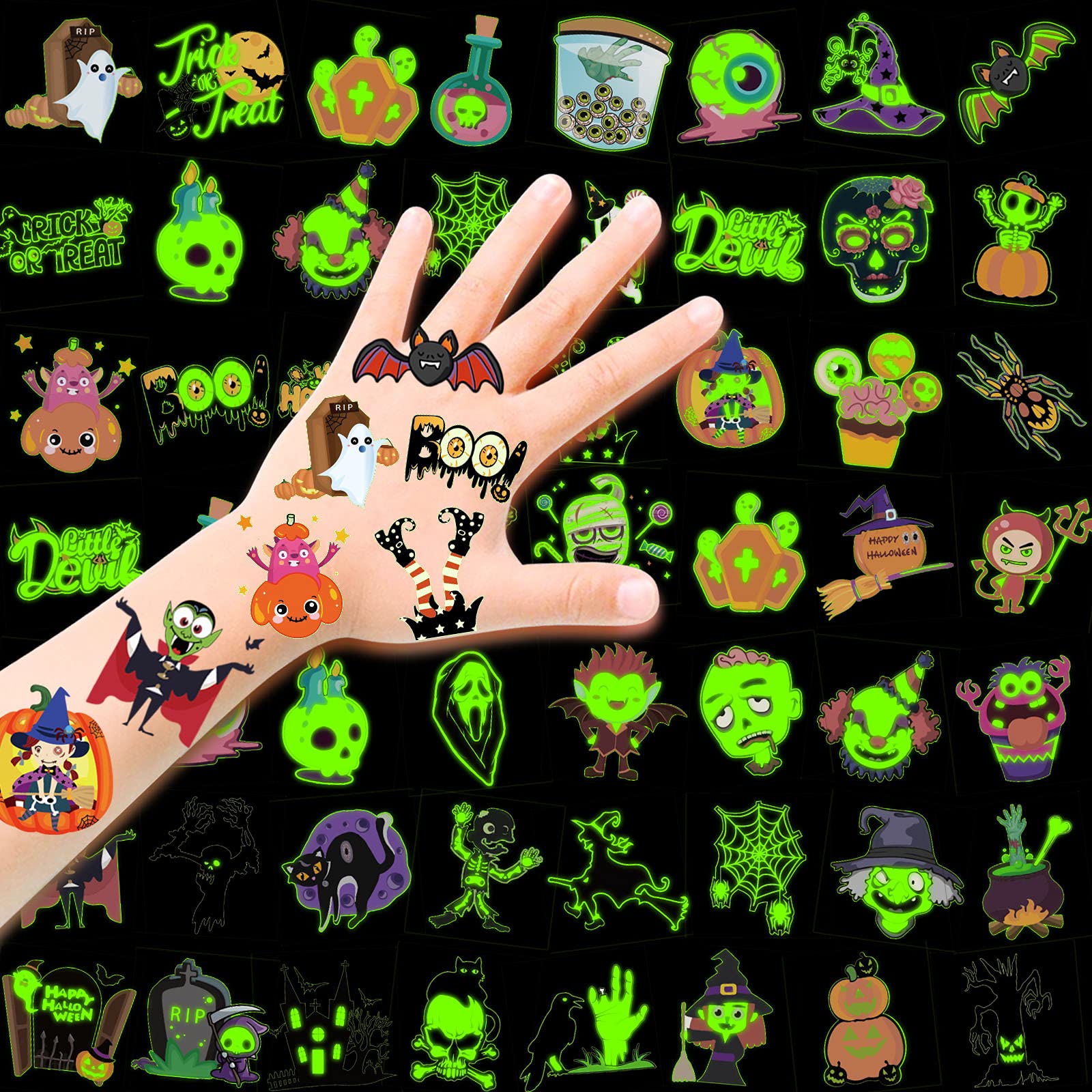 HOWAF Temporary Tattoos for Children, 96 Pieces Luminous Halloween Tattoos Stickers Fake Tattoos for Boy Girl Adults Halloween Party Birthday Decoration Gifts Gadgets Toys