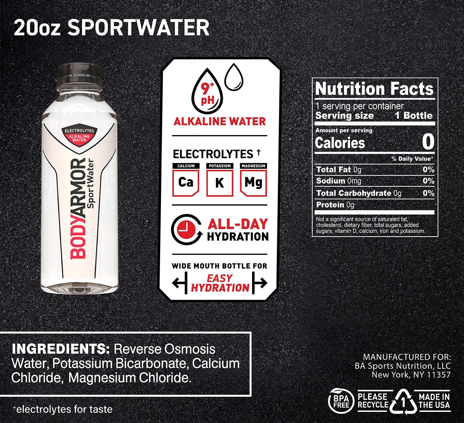 BODYARMOR SportWater Alkaline Water, Superior Hydration, High Alkaline Water pH 9+, Electrolytes, Perfect for your Active Lifestyle, 20 Ounce (Pack of 24)