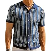 Mens Knit Polo Shirts Vintage Casual Short Sleeve Shirt Golf Button Down Pinstripe Old Money Top