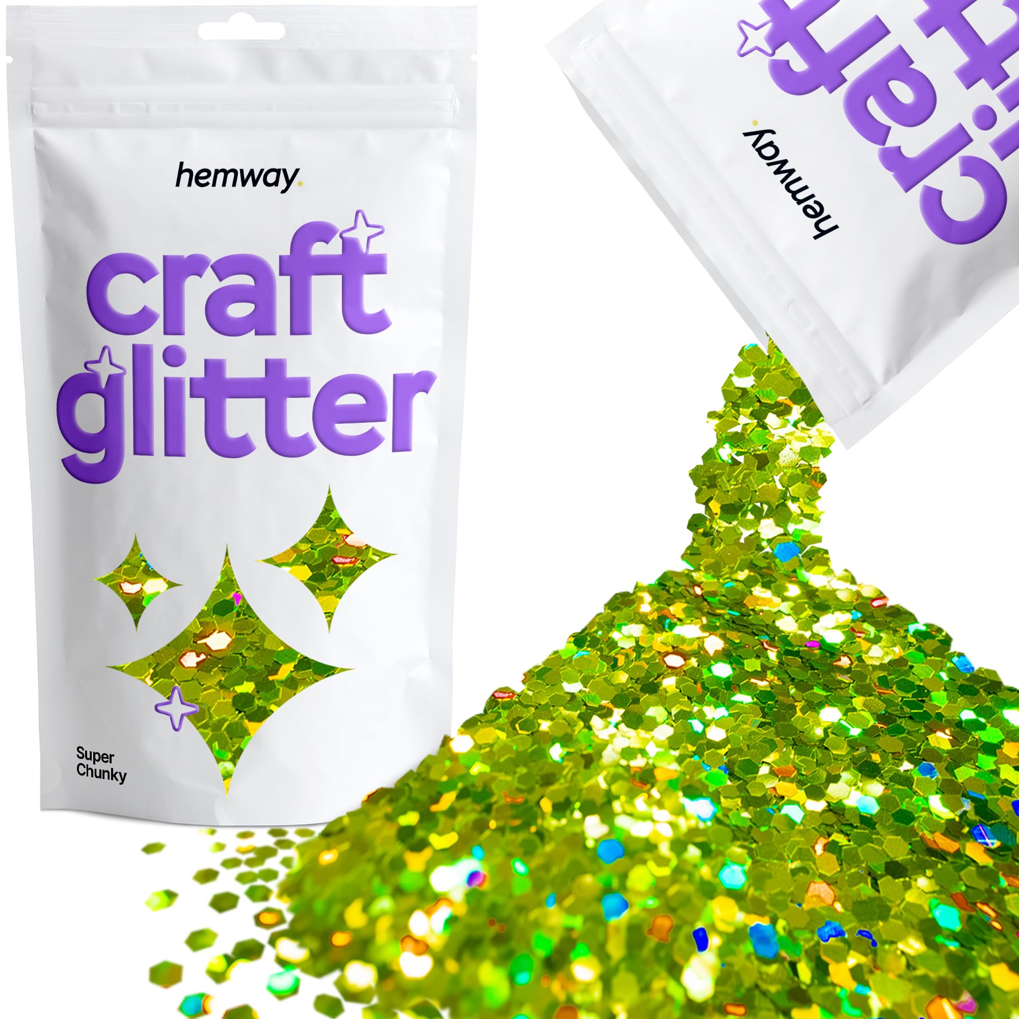Hemway Craft Glitter Lime Green Holographic 100g Super Chunky Glitter for Crafts, Resin, Cosmetic, Nail, Face, Body, Festival, Tumblers, Art, Candle, Crafting
