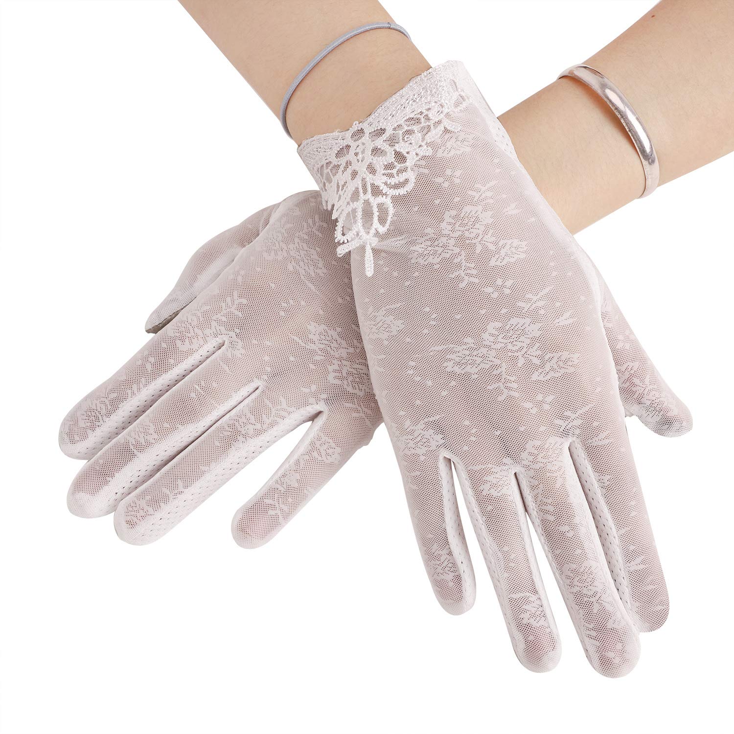 Women Sunscreen Gloves Sun Gloves Fishing Golf Driving Sunscreen Gloves Stretch Anti-slip Touch Screen Sun UV Protection Lace Gloves Party Gloves Gloves Summer Lady Screentouch Gloves (White)
