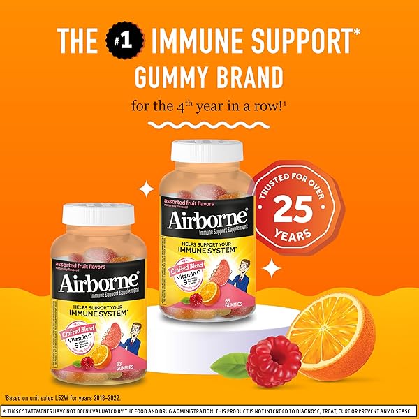 AIRBORNE 750MG VITAMIN C GUMMIES FOR ADULTS, IMMUNE SUPPORT GUMMIES WITH POWERFUL ANTIOXIDANTS VIT C & E, CAFFEINE FREE – 2X63CT BOTTLE (42 SERVINGS), ASSORTED FRUIT FLAVOR