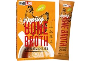 LonoLife Mushroom Chicken Bone Broth Powder Mix | 10g Protein | Collagen-Rich, Keto & Paleo Friendly | Natural Ingredients | 4 Portable Stick Pack Servings