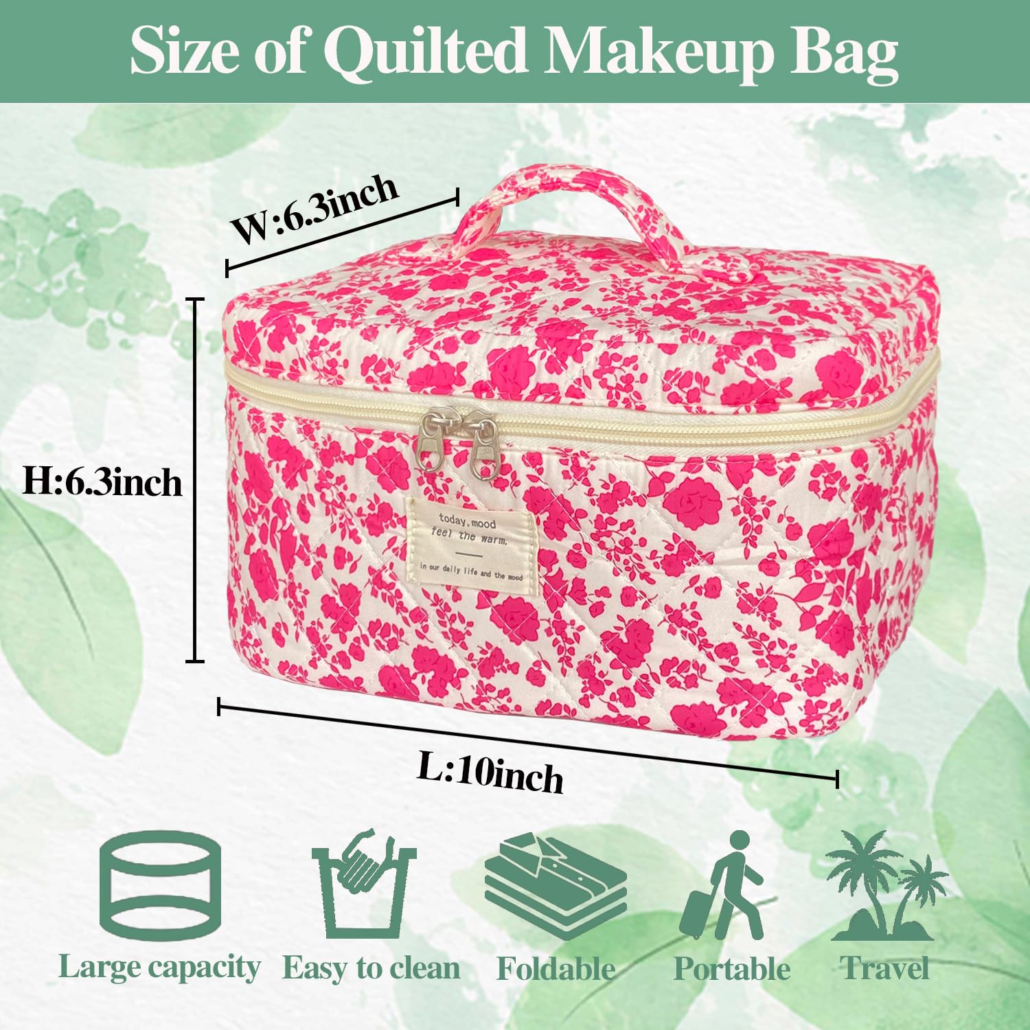 Rose Red Large Quilted Floral Makeup Bag Cute Soft Coquette Aesthetic Cosmetic Bag Cotton Travel Toiletry Bag for Women