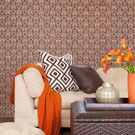 Amazon Quadruple Roll 113 52sq Ft欧州slavyanski Wallcovering Washable Victorianパターンビニール不織布壁紙ダークレッドワインワインベージュゴールドメタリックtextured Glittersダマスク3d過去の壁 壁紙