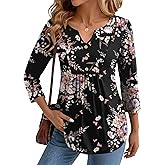 Zeagoo Womens 3/4 Length Sleeve Tops V Neck Dressy Casual T Shirts Pleated Business Work Blouses Basic Tees S-3XL