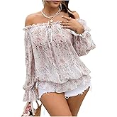 SOLY HUX Women's Plus Size Floral Off The Shoulder Peplum Blouse Tie Front Ruffle Long Sleeve Boho Shirts