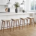 Nathan James Barker Counter Height Solid Wood Barstool with Upholstered Cushion, Backless Island Stool with Rubberwood Legs and Natural Textured Linen Upholstery for Kitchen, Brown/White, Set of 4