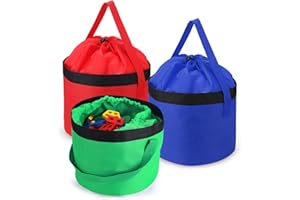 Locmeo 3 Packs Toy Storage Drawstring Bags with Clear PVC Base, Reusable Oxford Fabric Organizing Bucket Bags, Toy Bags for Building Blocks, Board Games Storage (Blue, Green, Red)