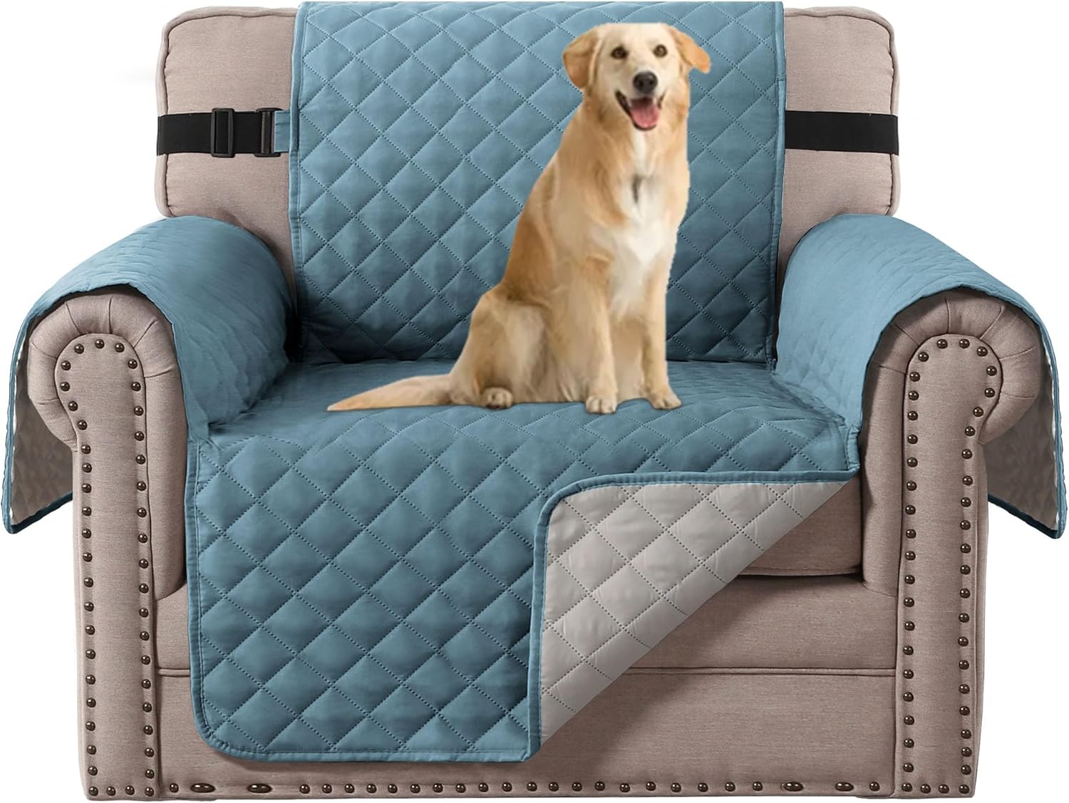 Slipcovers - H.VERSAILTEX Reversible Chair Sofa Slipcover Water Repellent Chair Cover Non Slip Pet Couch Protector Washable Furniture Protector with Elastic Strap for Kids(Armchair, Cameo Blue/Beige)