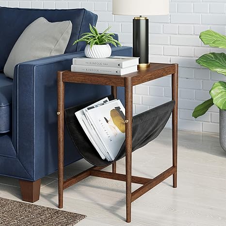 nathan james nelly mid century rustic end or side wood and black metal rectangle sofa table with vegan leather magazine holder sling nightstand oak