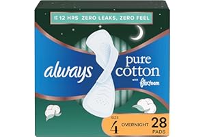Always Pure Cotton Pads with FlexFoam, Size 4, Overnight Absorbency, with Wings, Made with a Premium Cotton Top Layer, Made w
