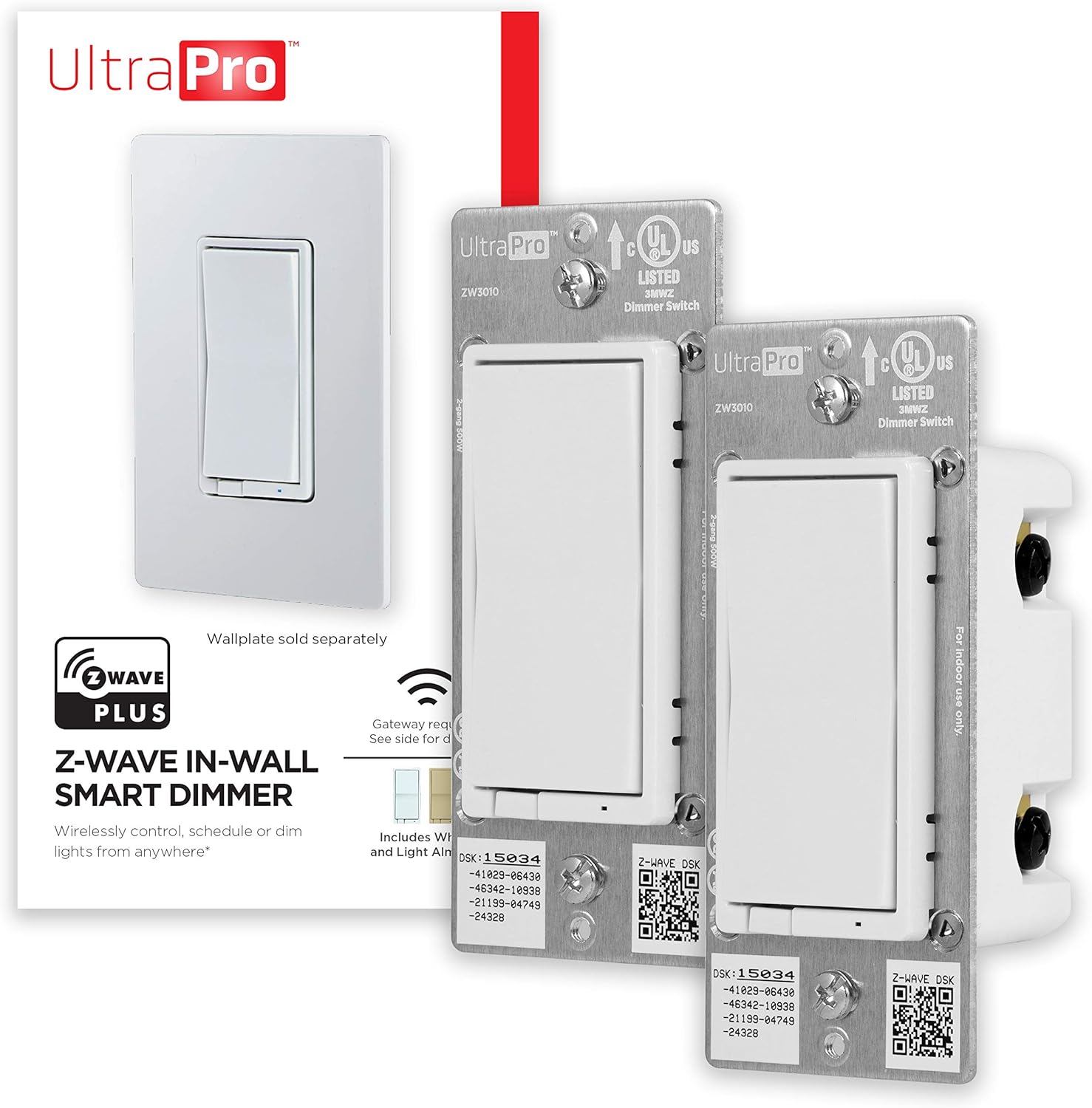 UltraPro White Z-Wave Plus Smart Light Dimmer Switch, in-Wall Paddles | Repeater Range Extender | ZWave Hub Required-Alexa and Google Assistant Compatible, 2 Pack, 54897, 2