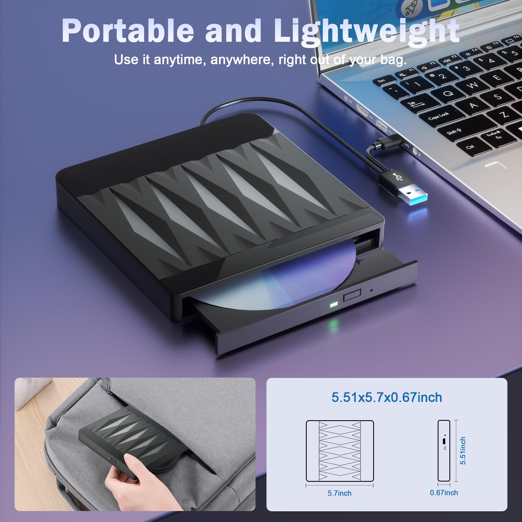 Taopjwr External Blu Ray Drive Support 50G Disc Read/Write, 3D Portable USB 3.0&Type-C External Blueray/DVD Drive for PC, CD/DVD/Blu Ray Burner Suitable for Windows MacOS Linux Laptop Desktop