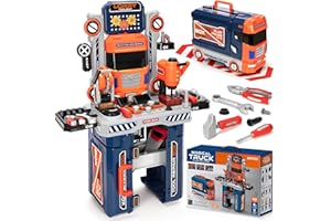 HODURGYI Kids Tool Bench with Electric Drill and Power Miter Saw, Construction Workbench Toys for Boys Age 3 4 5 6 7 8, Toddler Realistic Tools Table Playset, Tool Box Set, Christmas Birthday Gift for Kids 3-5