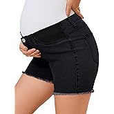 PACBREEZE Women's Maternity Mid-Rise Stretch Denim Shorts Trendy Soft Frayed Hem Pregnancy Shorts, S-XXL