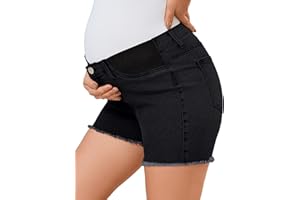 PACBREEZE Women's Maternity Mid-Rise Stretch Denim Shorts Trendy Soft Frayed Hem Pregnancy Shorts, S-XXL