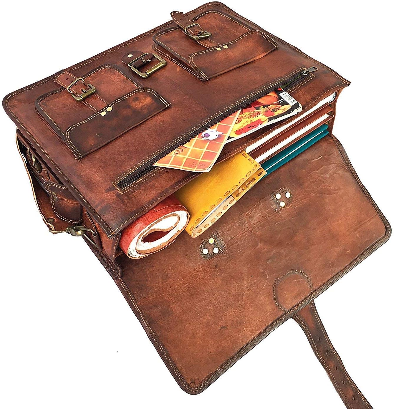 DHK 18 Inch Vintage Handmade Leather Travel Messenger Office Crossbody Bag Laptop Briefcase Computer College Satchel Bag For Men And Women (DARK BROWN): Computers & Accessories