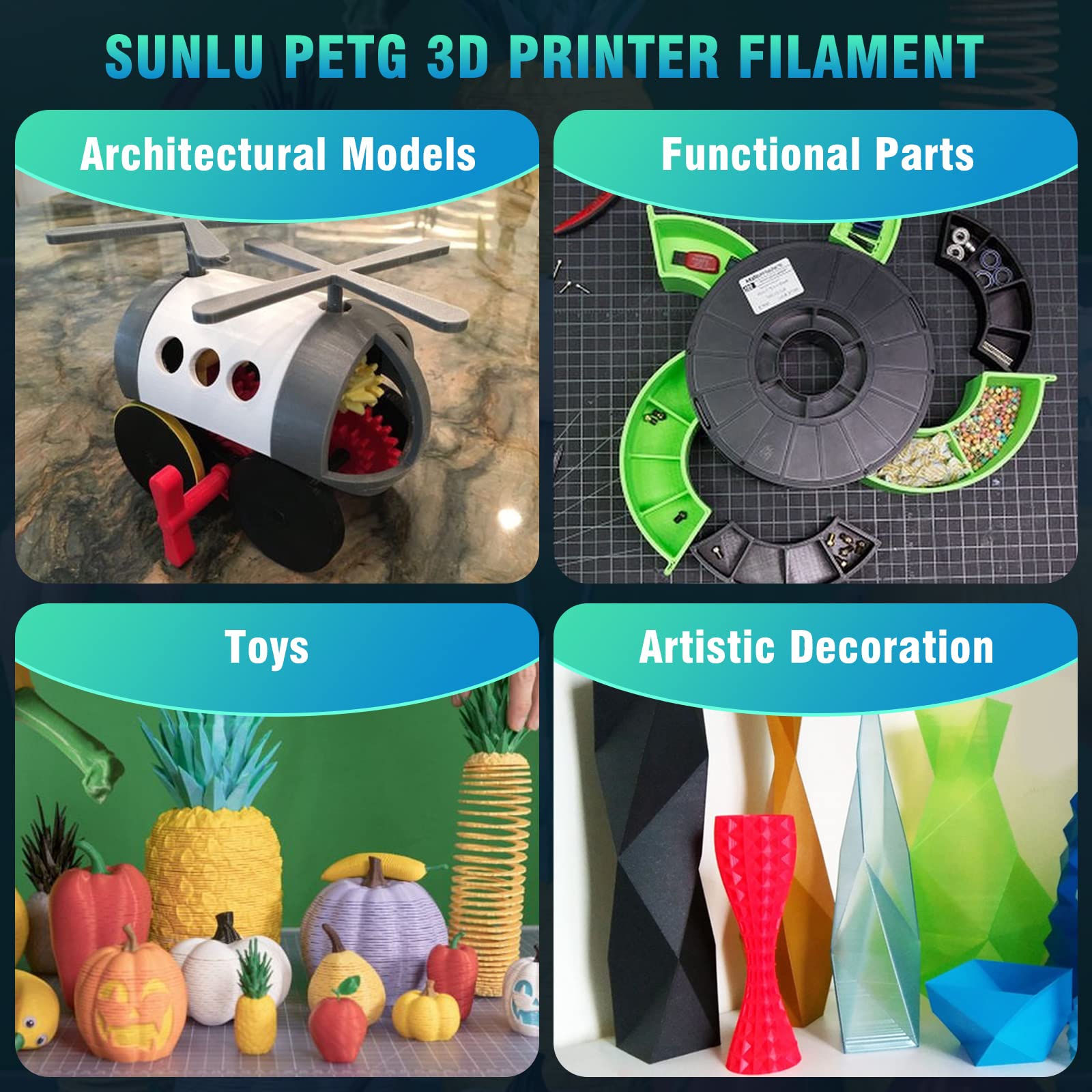 SUNLU PETG Filament 1.75 mm, Hochfestes 3D Drucker Filament PETG, Unübertroffene Haltbarkeit und Flexibilität, 3D Druckfilament 1,75 mm, Passt für die meisten FDM 3D-Drucker, 1kg Spule, petg Schwarz 5