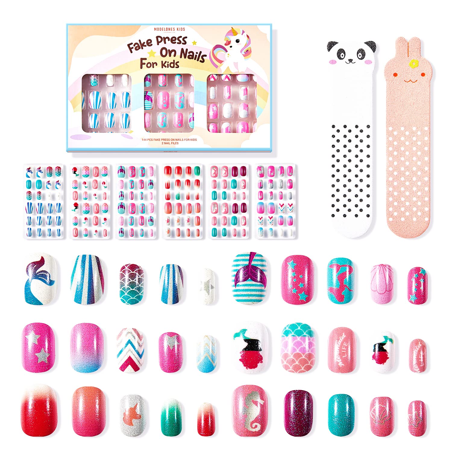 Modelones Press on Nails for Kids 144Pcs 6 Pack Children Acrylic Fake Nails Pre-glue Full Cover Glitter Gradient Color Mermaid Beach Short False Nail Art Kits Sets Easter Gifts for Kids Girls