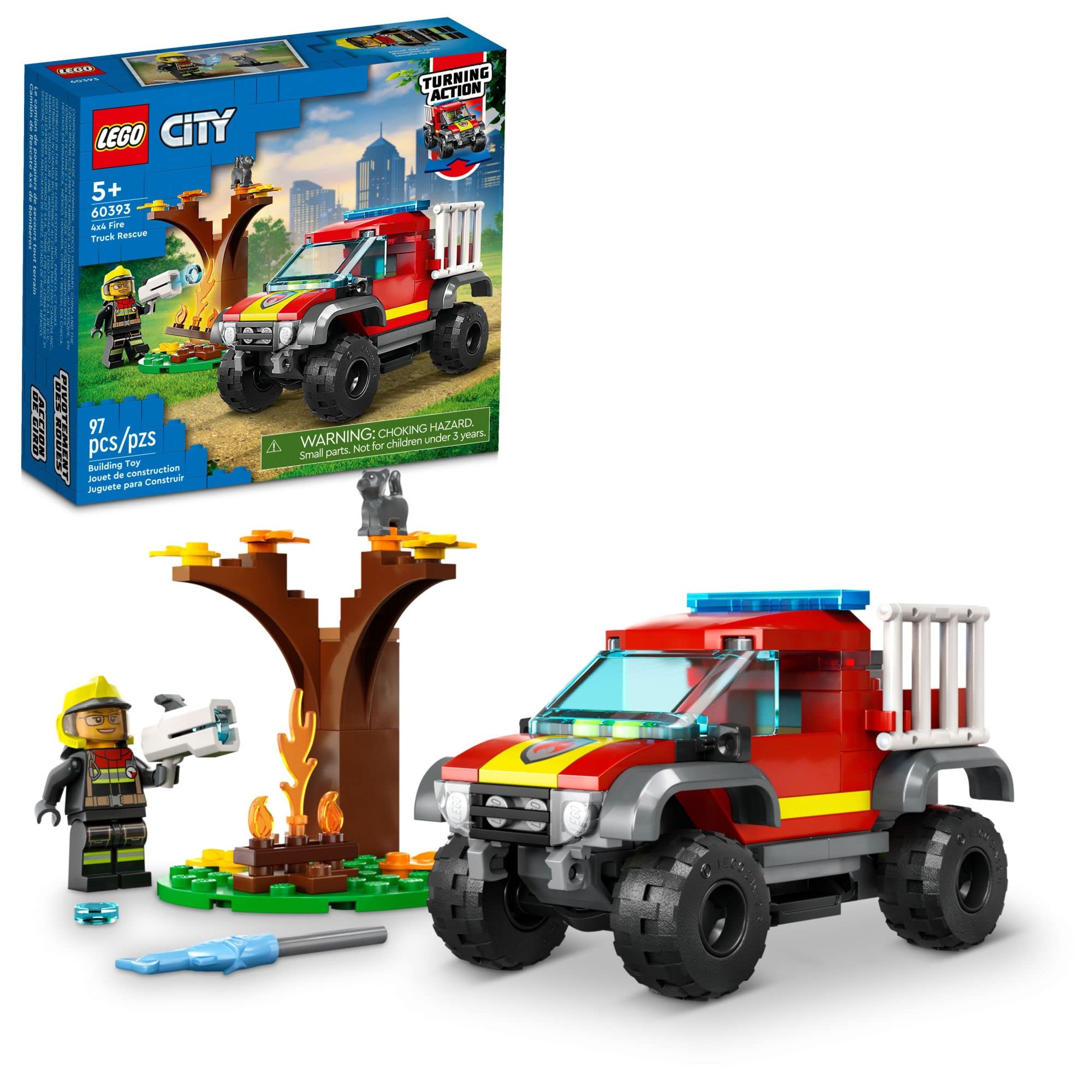 LEGO City 4x4 Fire Engine Rescue Truck 60393, Toy for 5 Plus Year Old Boys & Girls, Set with Water Element Launcher, Firefighter Minifigure and Cat Figure
