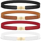 SUOSDEY 4 Pack Women Skinny Elastic Belt, Ladies Stretch Belt for Dresses Pants Thin Waist Gold Buckle Belt
