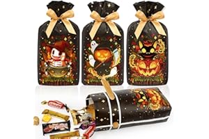 JOINDO 50 pcs Halloween Treat Bags, 6x9 inches fit Candy and Small gifts, Drawstring Design Easy Use, Stand up Bottom, 3 Patterns