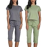 Real Essentials 2 Pack: Women's Cotton Short Sleeve Top and Capri Pants Pajama Lounge PJ Sets with Pocket (Available In Plus)