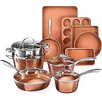 Gotham Steel Hammered Copper Collection – 15 Piece Premium Cookware & Bakeware Set with Nonstick Coating, Aluminum…