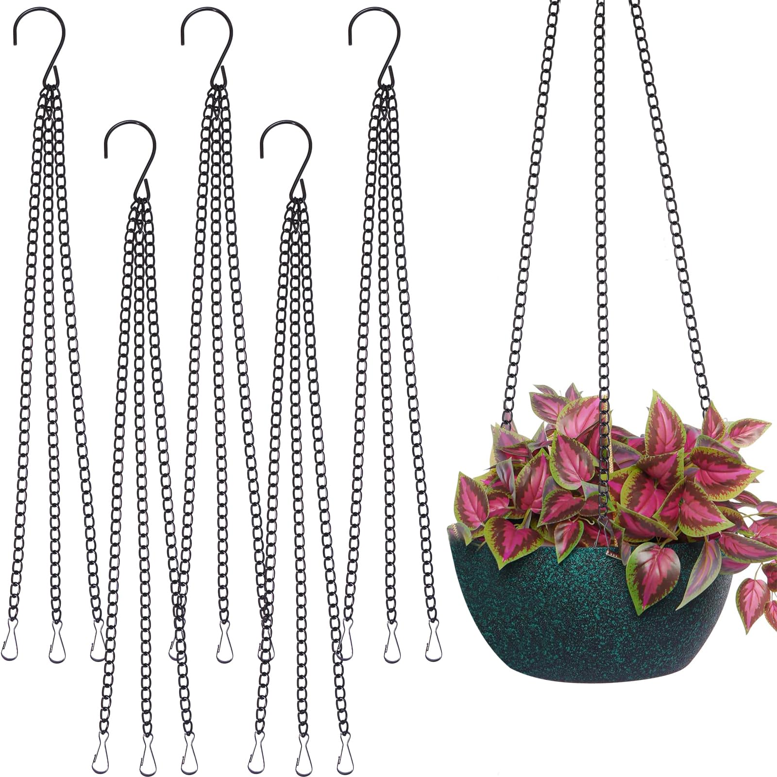 NUOOO 5 Pack Hanging Basket Chains 3 Point 16 Inch Flower Pot Chains for Hanging Plants with 3 Clip Hooks Heavy Duty Black Metal Chain Hangers for Hanging Plants Flowers Baskets
