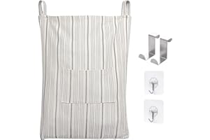 AELS Farmhouse Hanging Laundry Hamper with 2 Hooks, Washable Beige & Stripes Linen Laundry Bag with Zipper & Wide Open Top, O