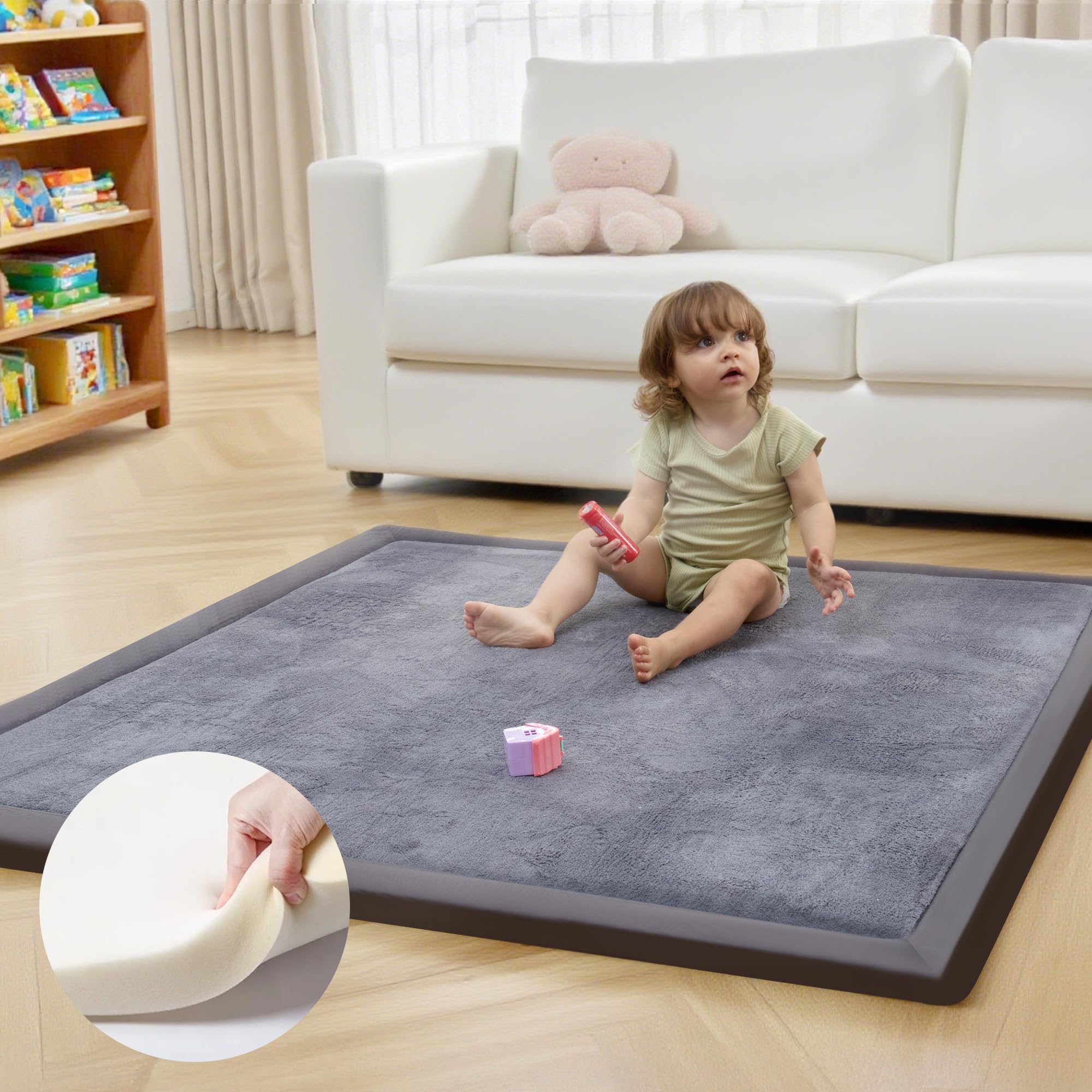 Photo 1 of ACOMOPACK Baby Play Mat for Floor 1.3" Thick Memory Foam 50x50 Soft Velvet Playpen Mat for Kids,Infants,Toddlers,Tummy Time Crawling Mats with Non-Slip Bottom,Yoga,Tatami,Nursery Rug?Dark Grey?