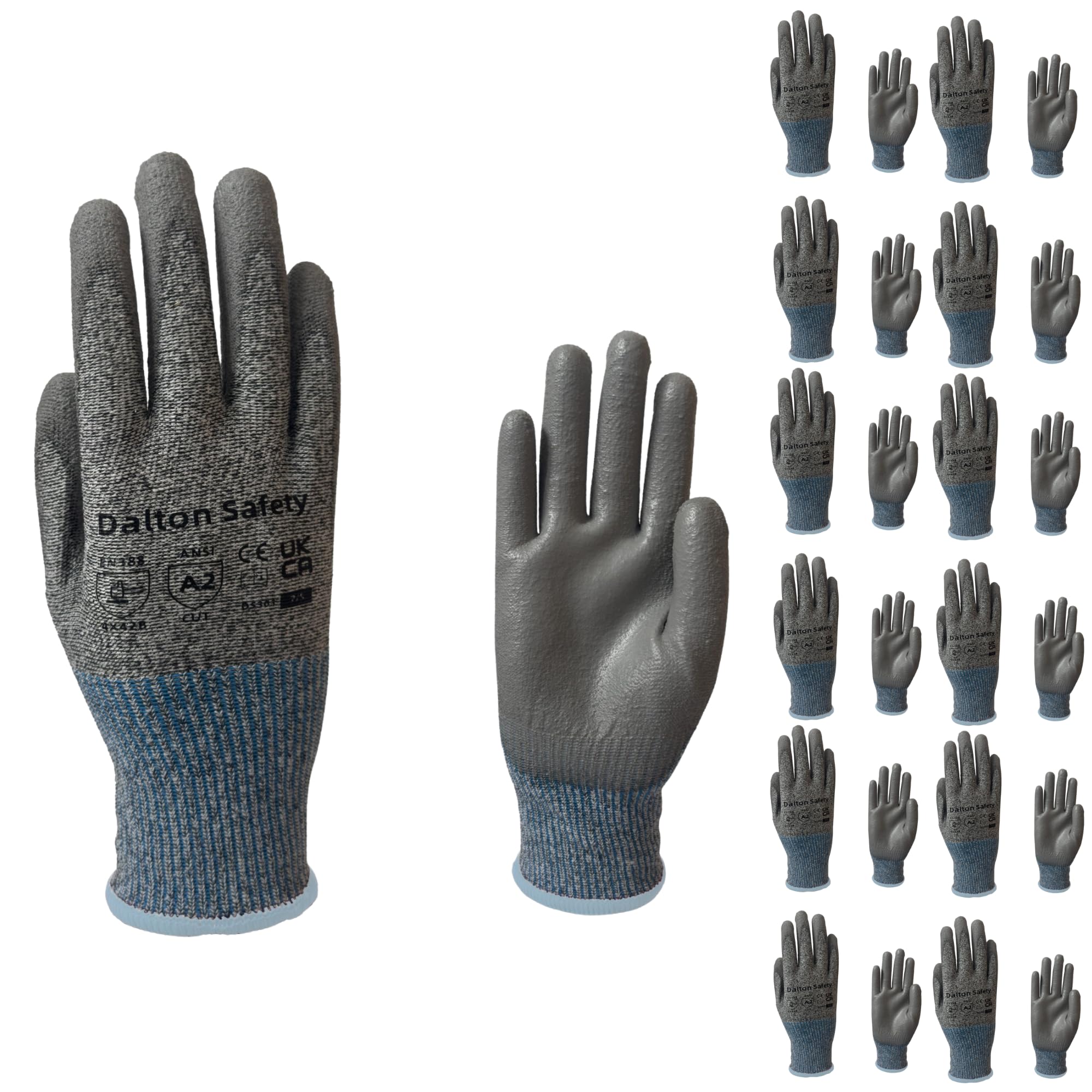 Dalton Safety 12 Pairs Of XXL Cut Resistant Level 3 Work Gloves, HPPE Knitted Cuff, PU Coated Palm & Fingertips. Perfect For General Duty, Gardening, Glass Cutting & Sheet Metal Handling