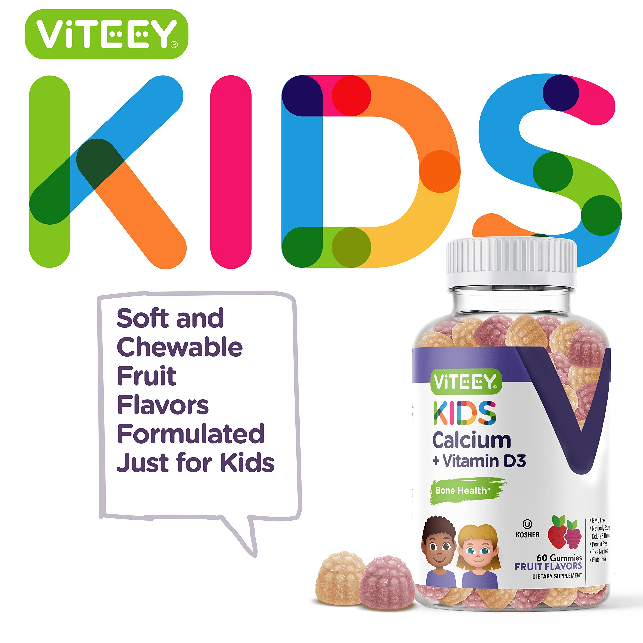 Kids Calcium Gummies with Vitamin D3 - Supports Bone Health & Tooth Health - Naturally Sourced Calcium 500mg Plus Vitamin D3 1000iu - Gluten Free, GMO Free - Tasty Chewable Fruit Flavored Gummy