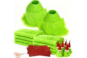 Hahafelt 10 Pcs Green Shaggy Fluffy Faux Fur DIY Art Crafts Kit Include Fuzzy 2x60 Inches Fur Trim Plush Squares Red Glitter Felt Cloth Scissors Handmade Xmas Tree DIY Gnomes Santa Beard Decor