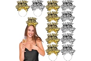 Hanaive 12 Pcs Happy New Year Headband Gold Silver Tiara Tinsel Photo Booth Props Decor for 2026 New Years Eve Party Supplies (Gold and Silver)