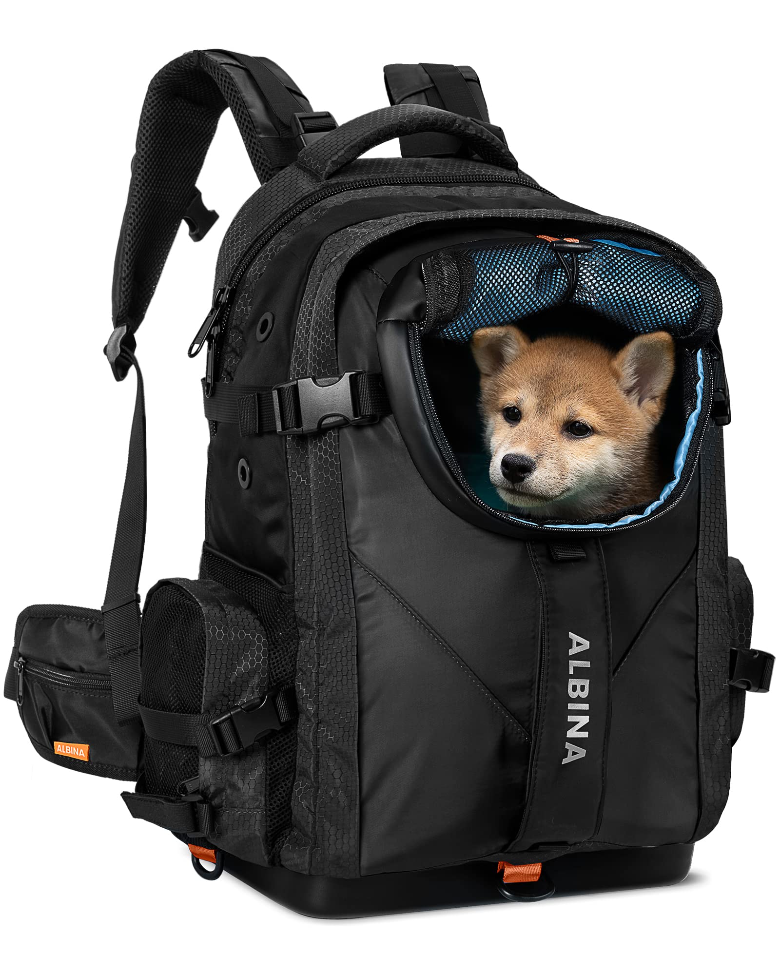Photo 1 of ALBINA Small Dog Carrier Backpack, Waterproof, Ventilated, Snack Pocket, Comfortable Back Panel. Ideal for Small Pet & Cats in Outdoor Activities. Hard EVA Base, Separate Laptop Compartment (Black)