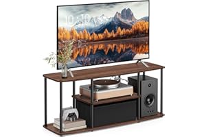 SONGMICS HOME Superfast Toolless Assembly, TV Stand for TVs up to 50 Inches, TV Cabinet Unit, Media Center Table, Living Room, 43 x 14 x 18 Inches, Shelves, Natural Walnut and Ink Black ULTV500K01