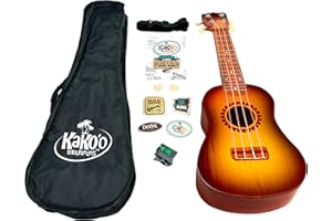 KaKo'o Music Sunburst Award Winning Soprano Ukulele - Metal Geared Tuners and Premium Nylon Strings - Guide Book Learn Easy Chords - Carrying Case & Ukulele Playing Strap (Sunburst)