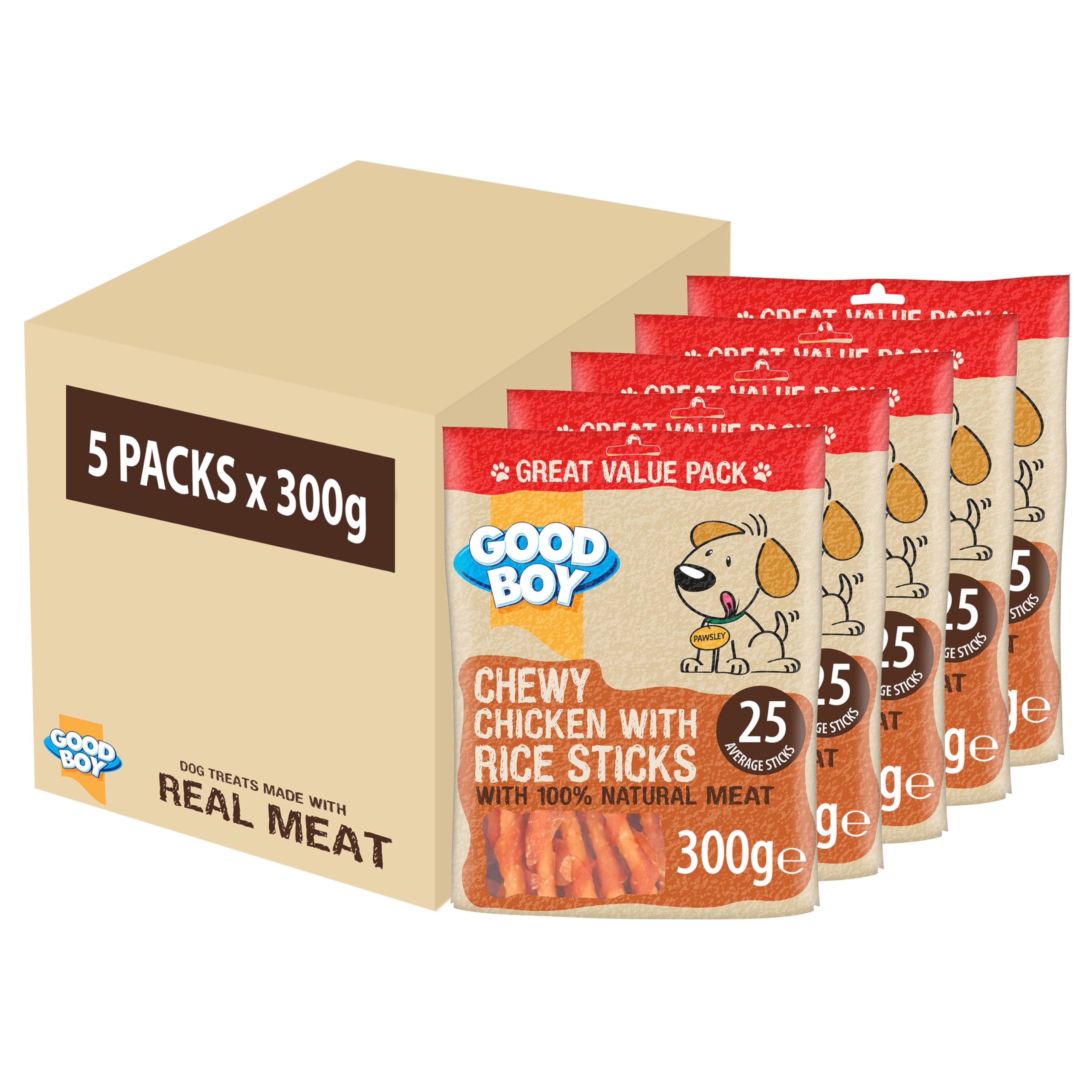 Good Boy Chicken & Rice Sticks - Low Fat Natural Dog Treats - Rawhide Free Recipe - Bulk Box - 5 x 300g
