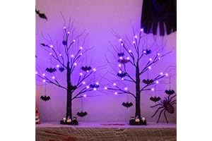 PEIDUO Halloween Decorations, 2FT Black Halloween Tree with 24 Purple Lights and 8 Bat Ornaments, Light up Halloween Decorations with Timer for Indoor Home Desk Table Decor (2PK)