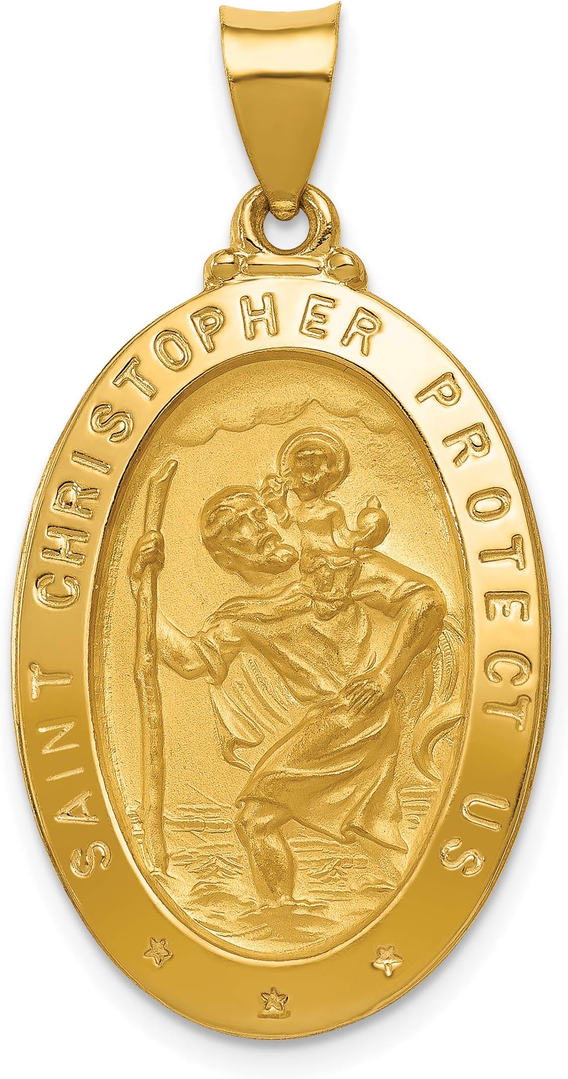 14k Yellow Gold Saint Christopher Protect Us Words On Oval Medal Pendant 28x18mm