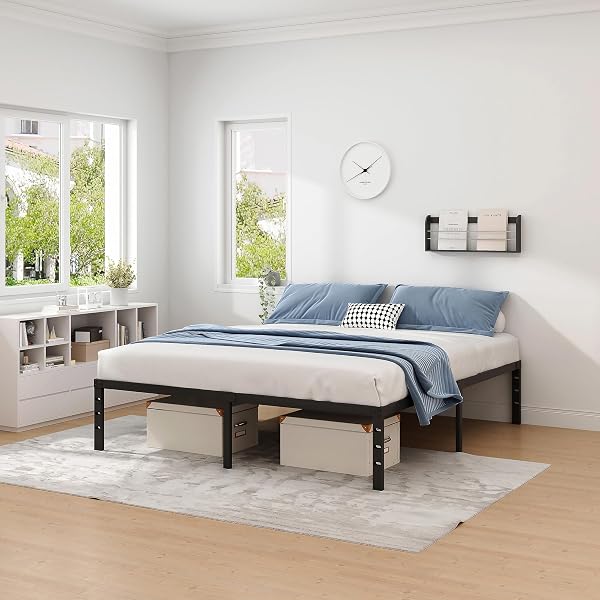 NEW JETO METAL BED FRAME,QUEEN SIZE BED FRAME WITH STORAGE SPACE,HEAVY DUTY STURDY MATTRESS FOUNDATION,EASY ASSEMBLY,NO BOX SPRING NEEDED, BLACK,14 INCH,QUEEN