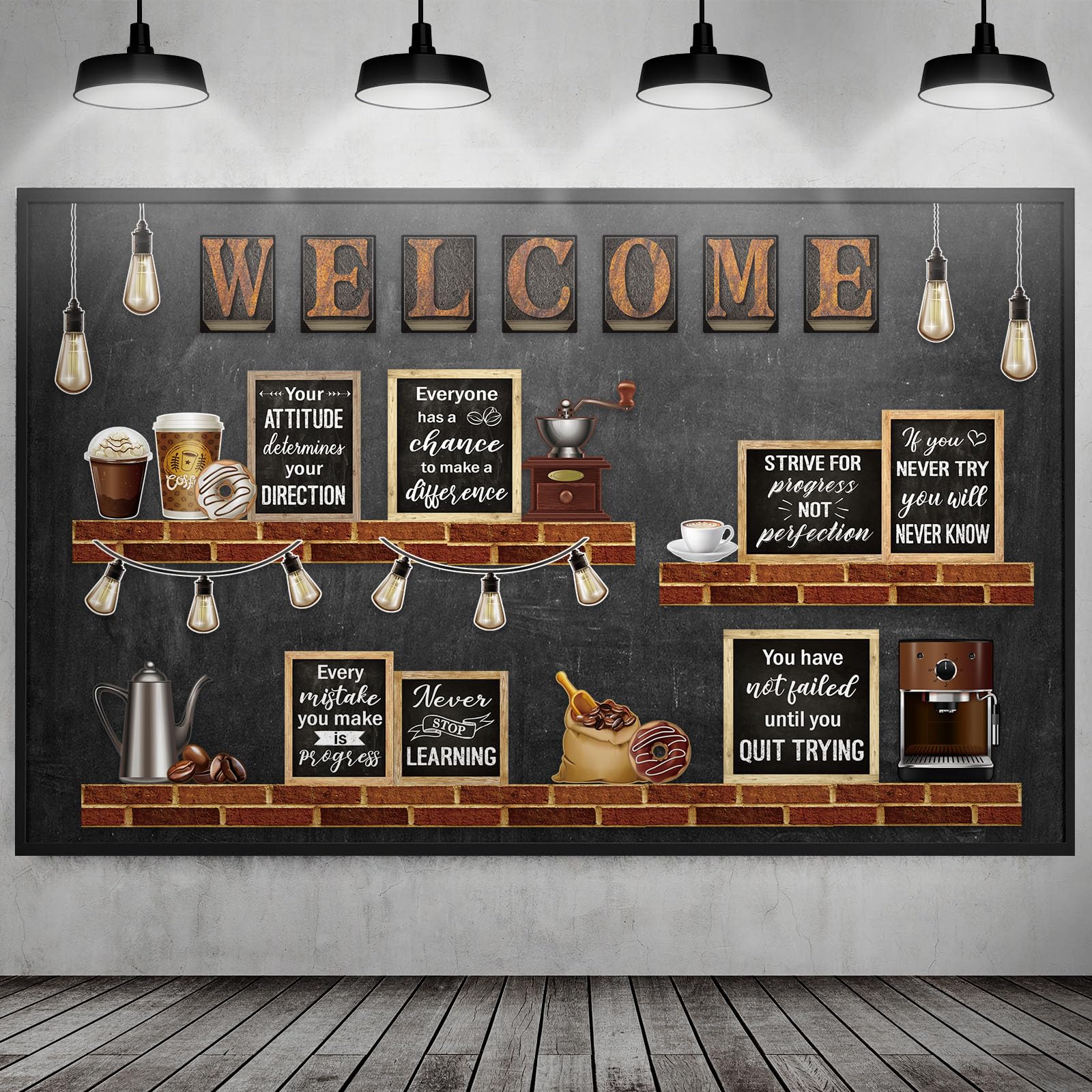 Photo 1 of Qilery Coffee Motivational Bulletin Board Set Industrial Inspirational Welcome Classroom Decoration Positive Bulletin Board Cutout Classroom Decoration for Back to School Educational Material