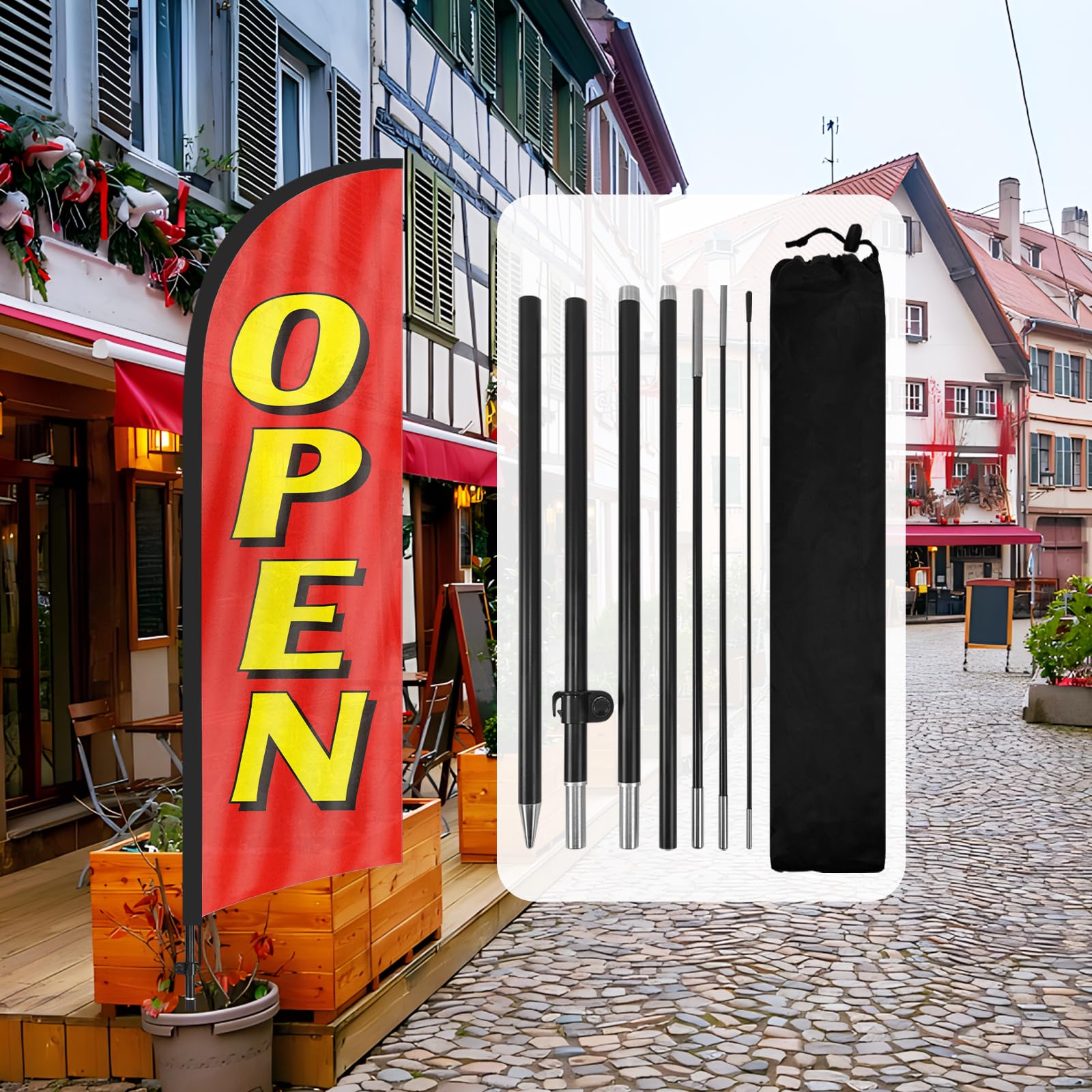 QSUM Open Feather Flag,8FT Open Advertising Swooper Flag with Pole Kit, Ground Spike, Open Signs for Businesses and Storefronts