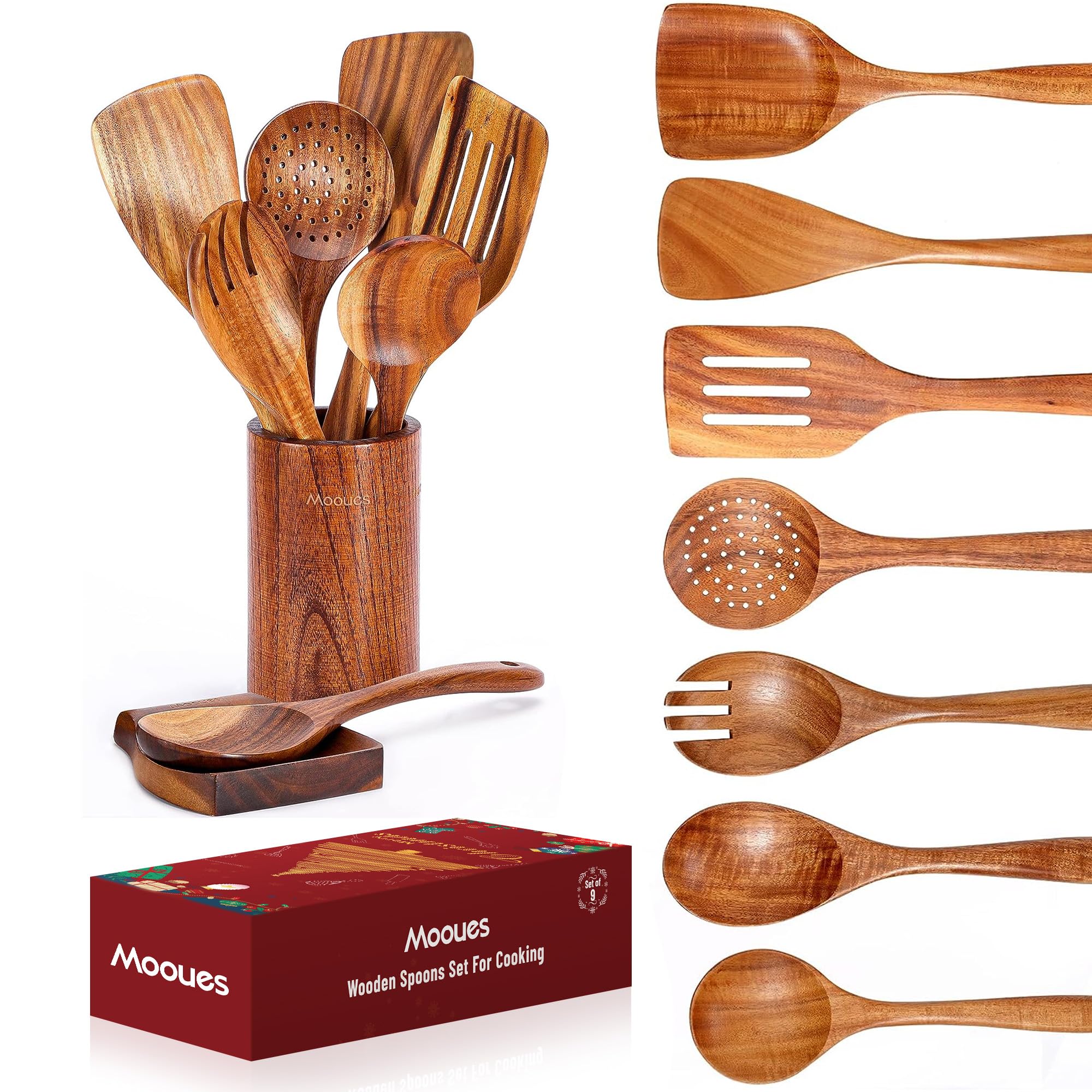 Mooues Wooden Spoons for Cooking, Wooden Utensils for Cooking Natural Teak Wooden Kitchen Utensils Set Comfort Grip(9 PCS Xmas Gift) Image