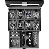 ProCase Watch Box for Men, Jewelry Organizer Box with Drawer, Display Storage Case with Glass Lid -Black, 8 Slot