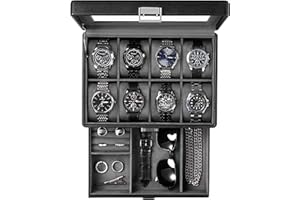 ProCase Watch Box for Men, Jewelry Organizer Box with Drawer, Display Storage Case with Glass Lid -Black, 8 Slot