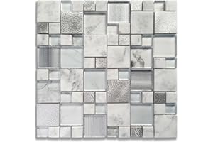 Artemuro Upgraded Silver Metallic Glass Mosaic Tiles Mixed Carrara White Marble for Kitchen Backsplash, Bathroom Shower, Fireplace Wall Decor (Pack of 5 Sheets)
